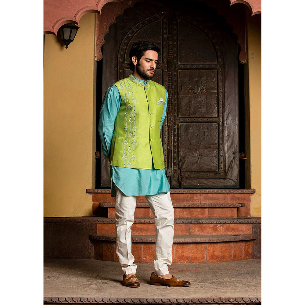 HISTORI Turq Lime Raw Silk Blue Kurta with Jacket and Pant