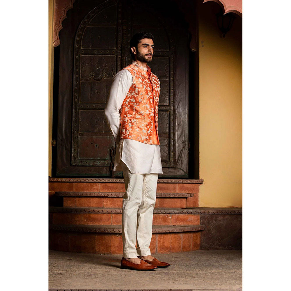 HISTORI Orange Raw Silk Embroidered Nehru Jacket with Kurta and Pant