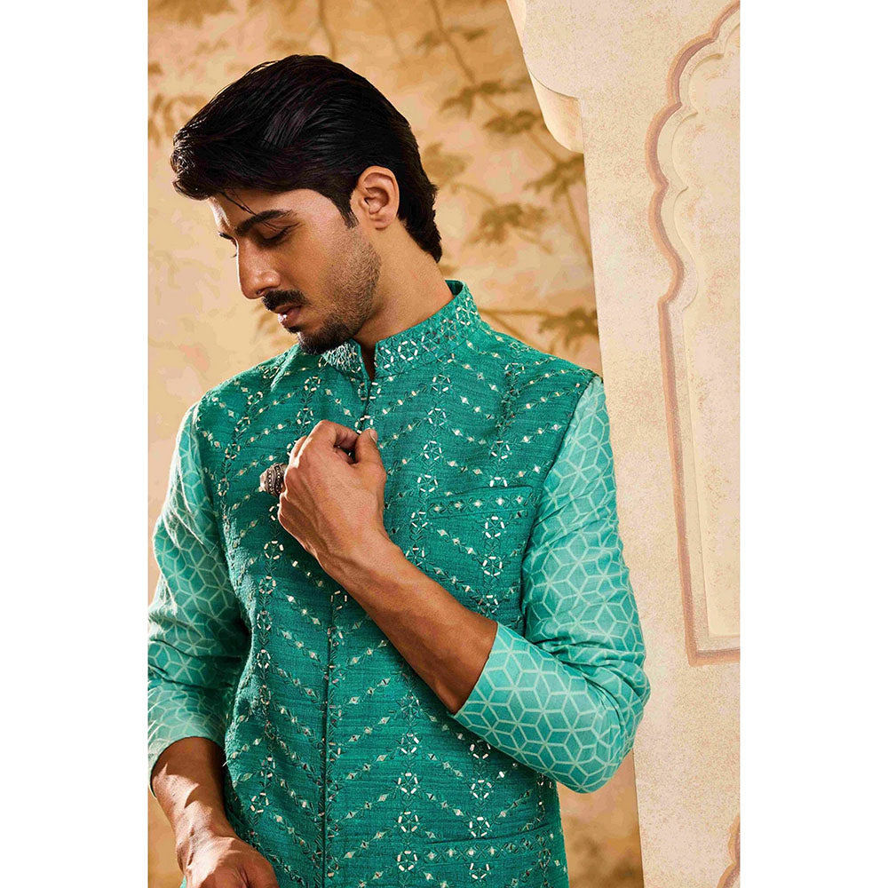 HISTORI Teal Mirrorwork Kurta with Jacket and Pant