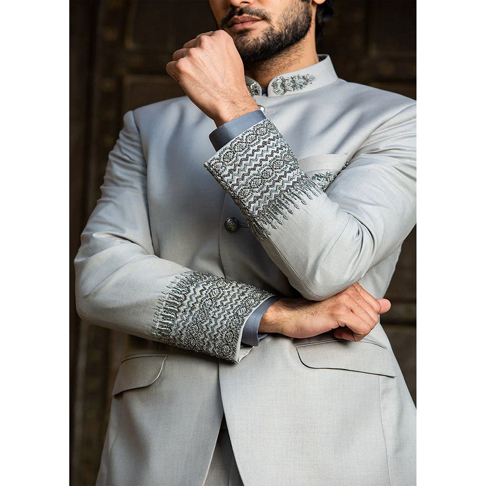 HISTORI Silver Grey Jodhpuri Suit Zardozi Embroidered Jacket with Pant