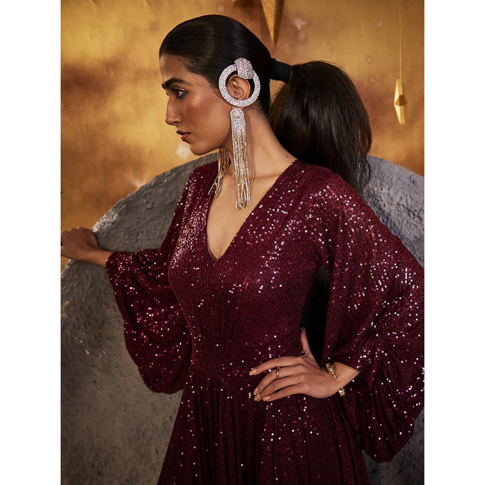 House of Fett Maroon Stellar Sequin Gown