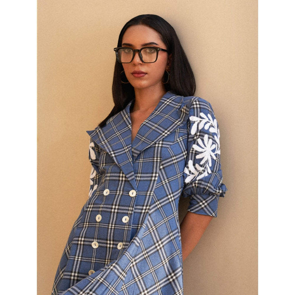 House of Fett Embroidered Double Breasted Jacket Dress - Blue