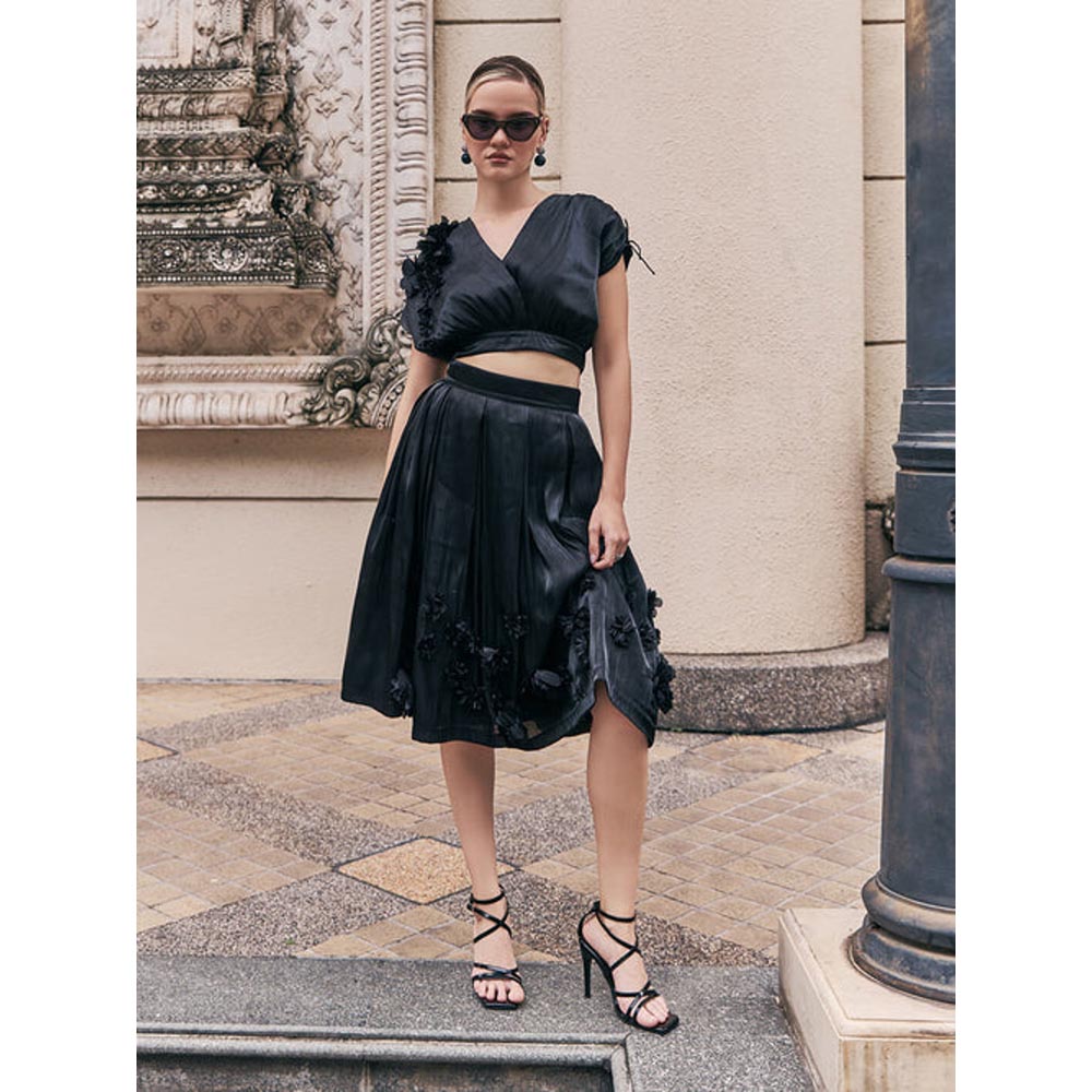 House of Fett Blake Organza Applique Floral Crop Top - Black