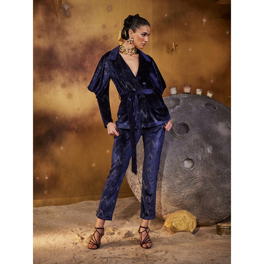 House of Fett Velvet Whisper Coat with Belt - Navy Blue