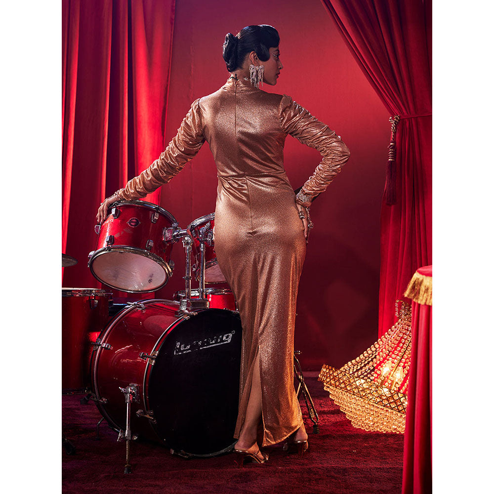 House of Fett Jadore Metallic Draped Gown - Gold