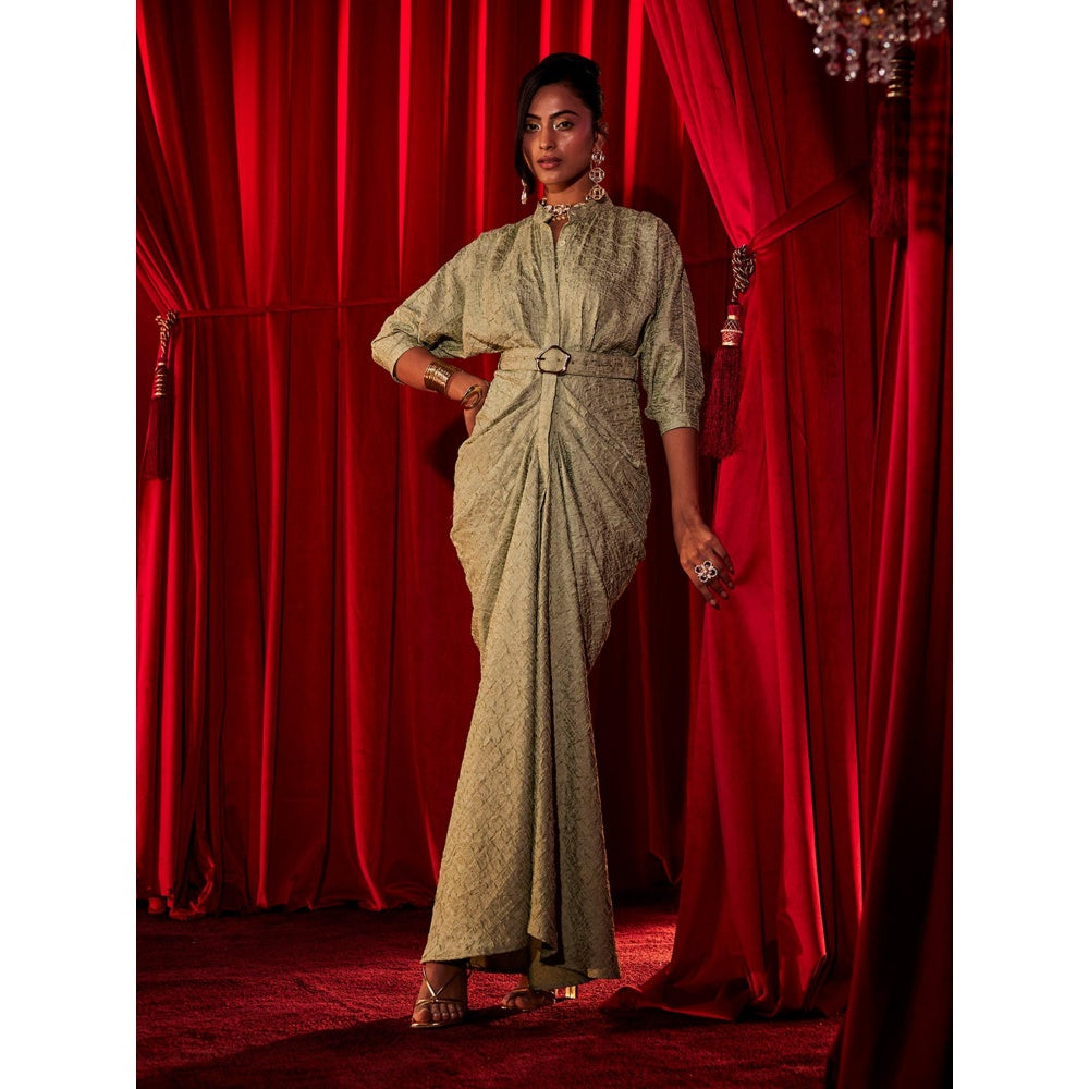 House of Fett Belrose Pleated Gown with Belt - Green