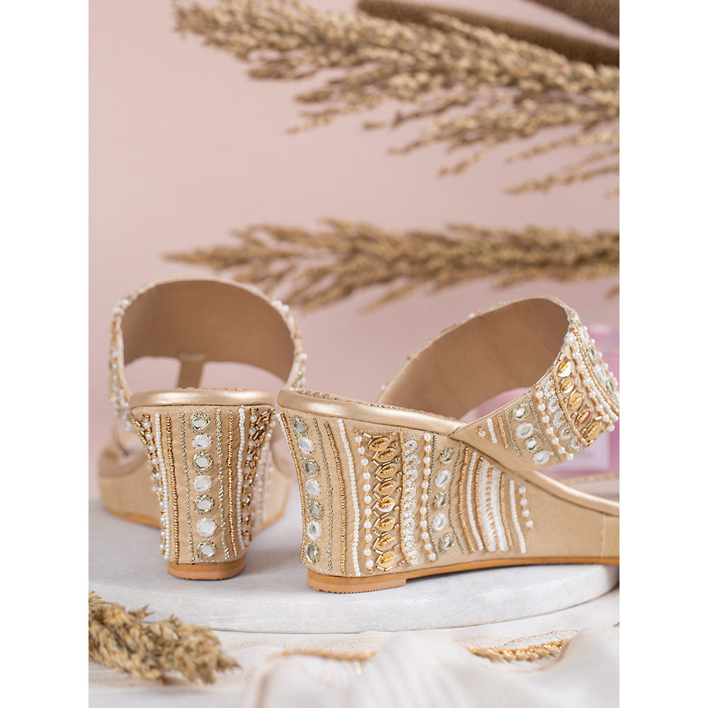 House of Vian Jharokha Gold Embroidered Wedges