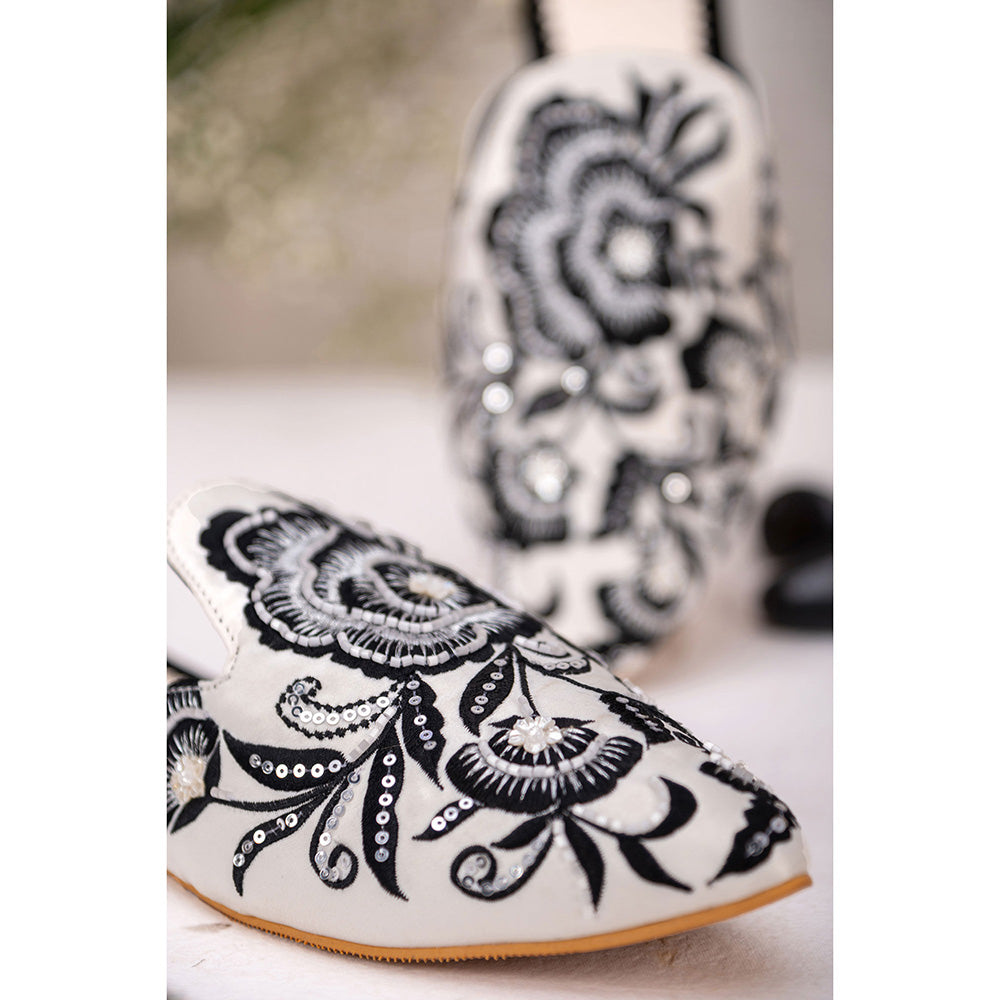House of Vian Black Rose Embroidered Mule Flats