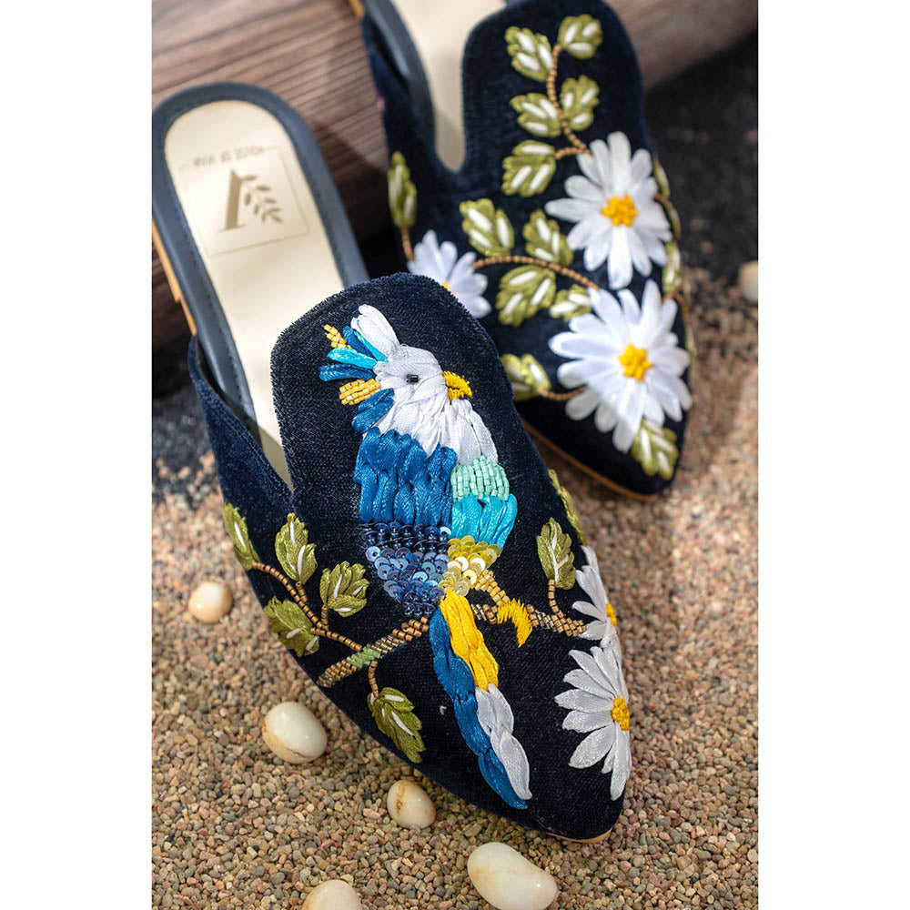 House of Vian Macaw Embroidered Mule Flats