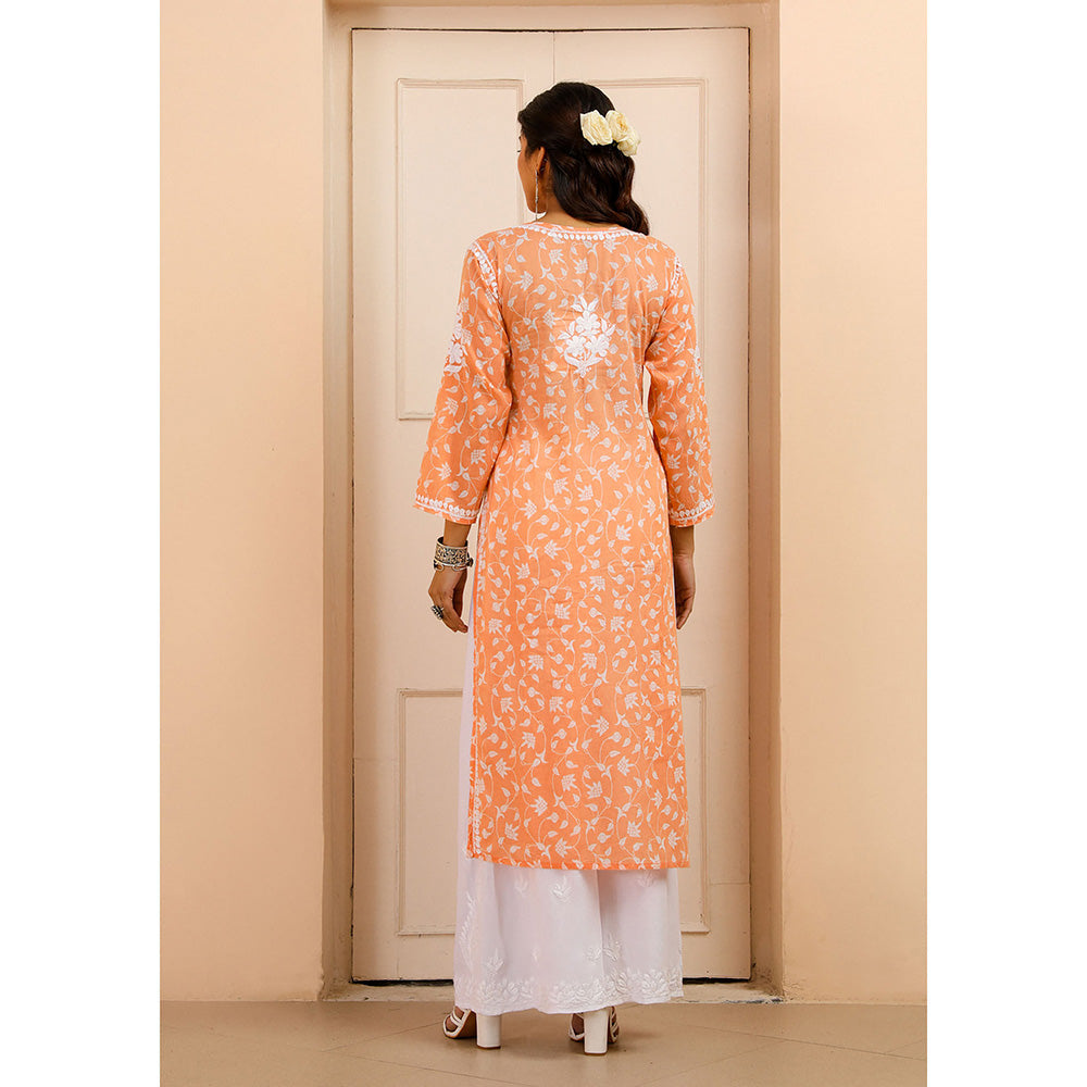 House of Chikankari Mulmul Chikankari Printed Women's Kurta - Orange