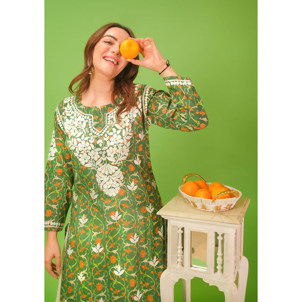 House of Chikankari Mulmul Chikankari Printed Womens Kurta-Green