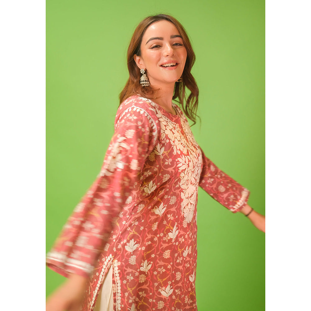 House of Chikankari Mulmul Chikankari Printed Womens Kurta-Pink