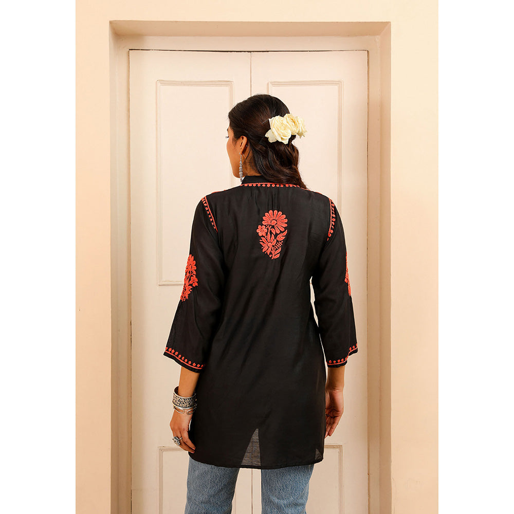 House of Chikankari Chanderi Chikankari Womens Shirt Tunic-Orange