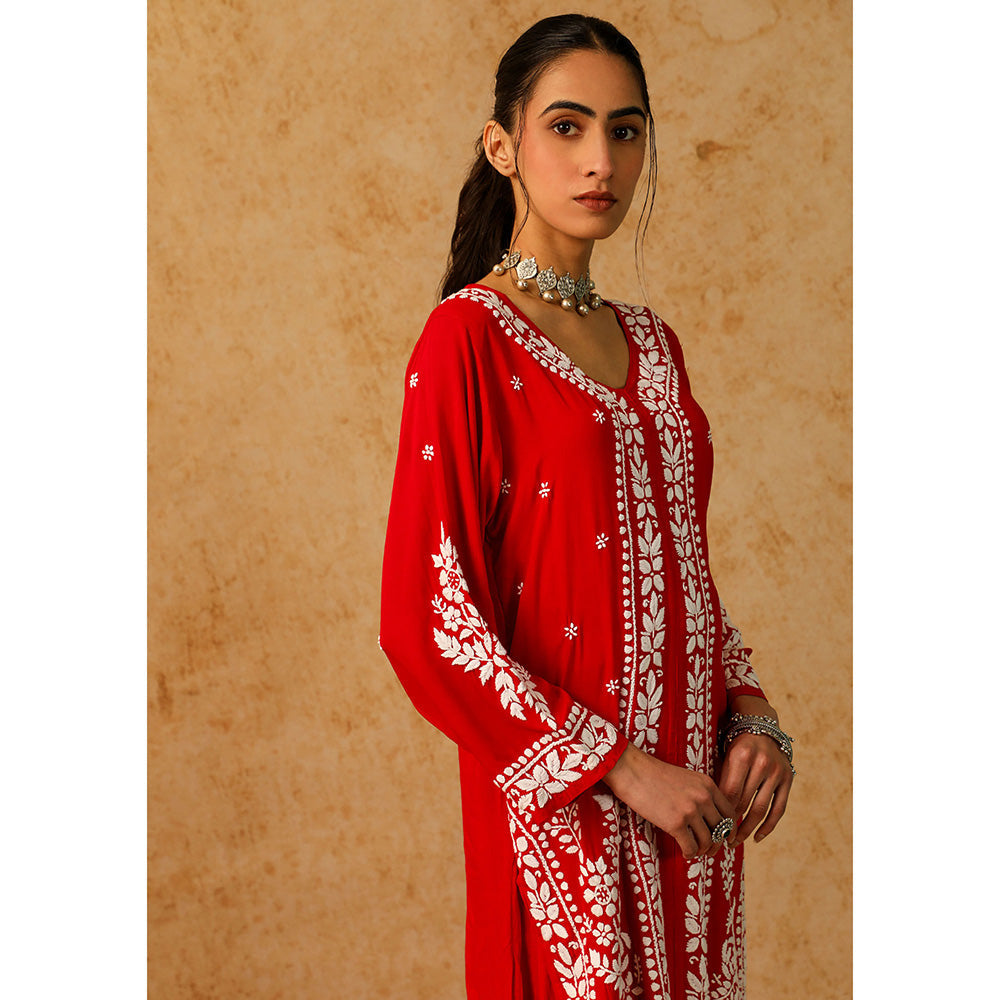 House of Chikankari Modal Chikankari Women's Long Kurta with Pant - Red (Set of 2)