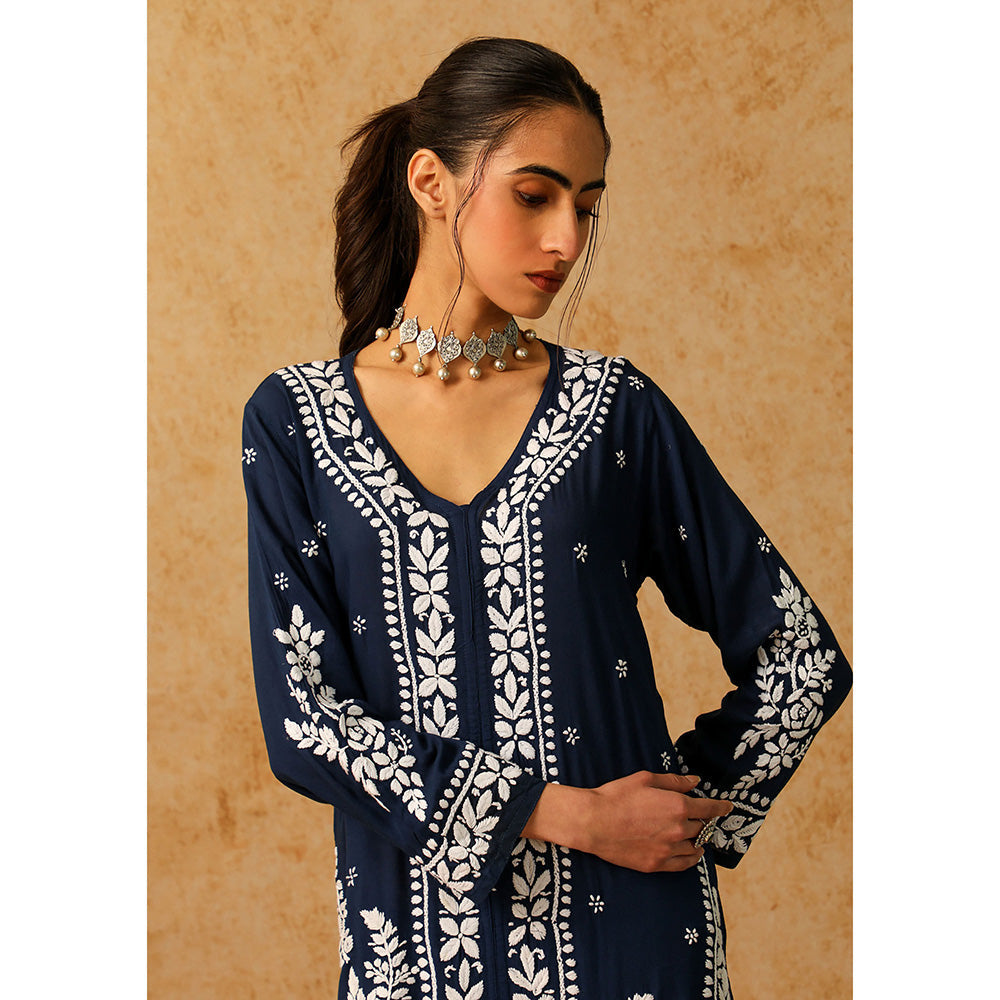 House of Chikankari Modal Chikankari Women's Long Kurta with Pant - Navy Blue (Set of 2)