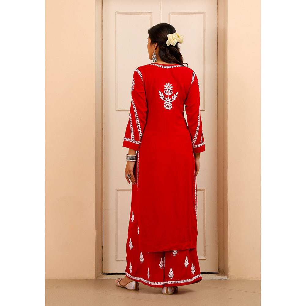 House of Chikankari Modal Chikankari Women's Kurta with Palazzo - Red (Set of 2)