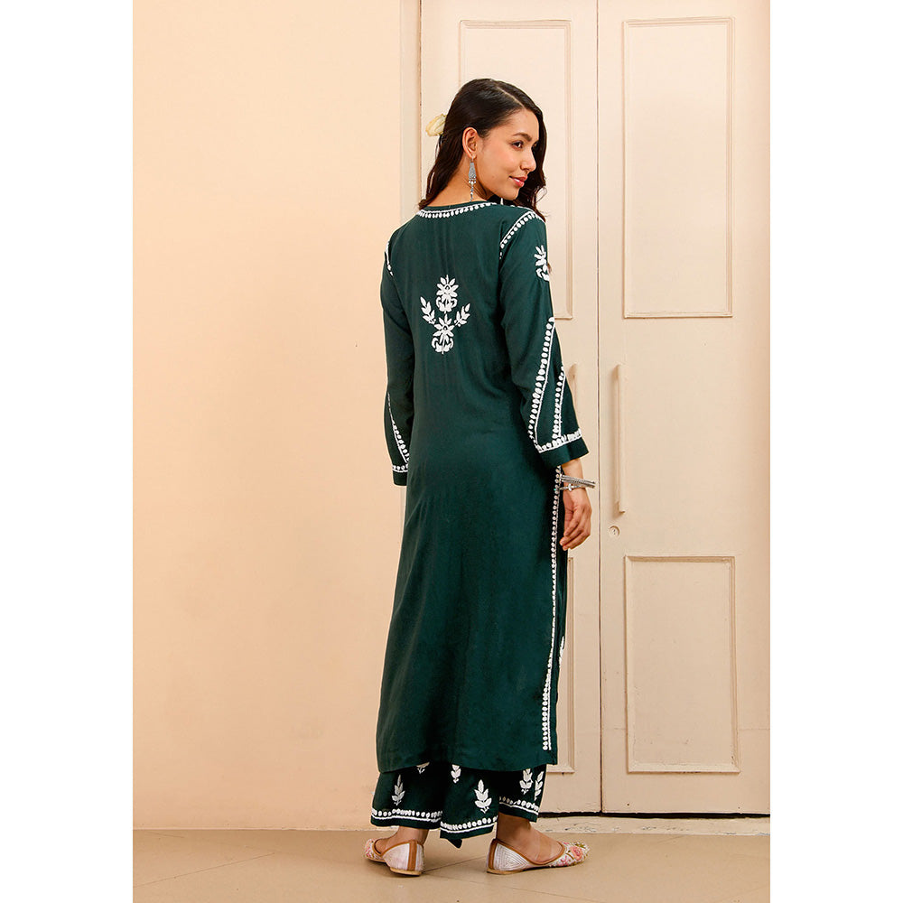 House of Chikankari Modal Chikankari Women's Kurta with Palazzo - Green (Set of 2)