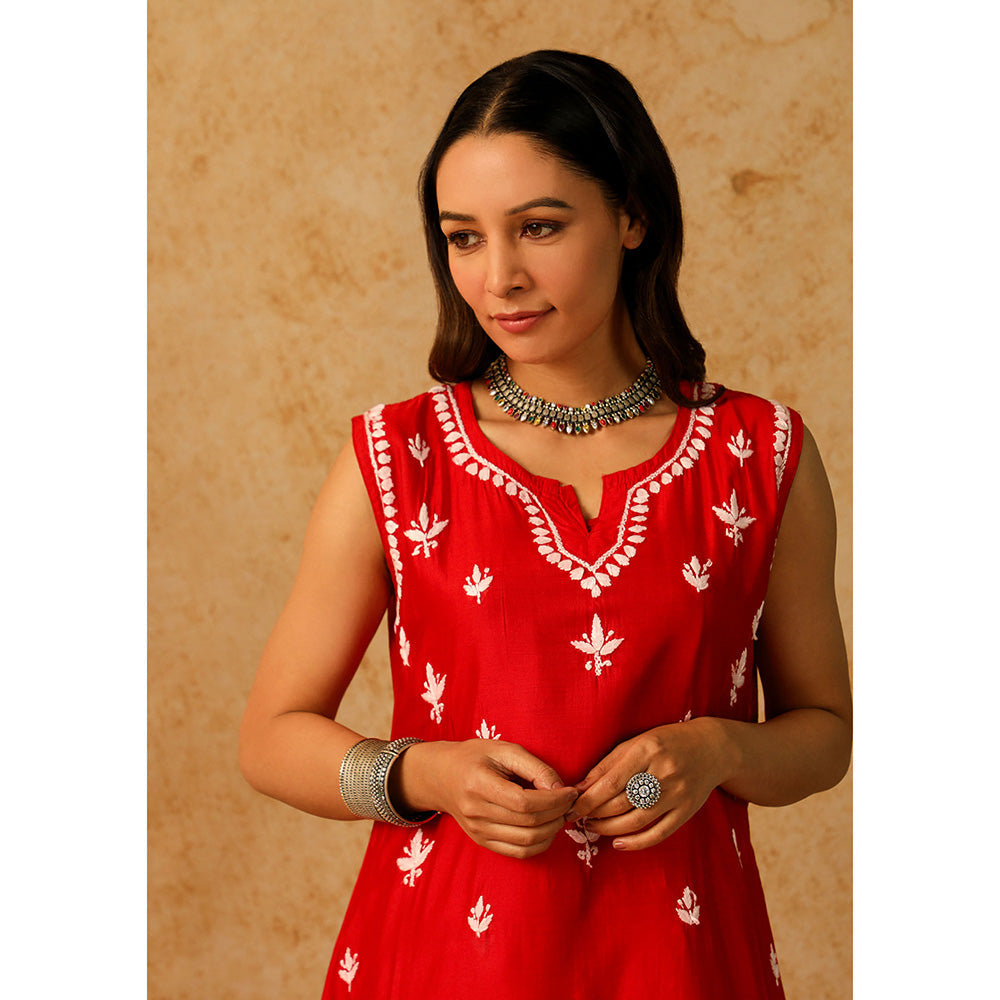House of Chikankari Chanderi Chikankari Short Kurta with Inner and Palazzo - Red (Set of 3)