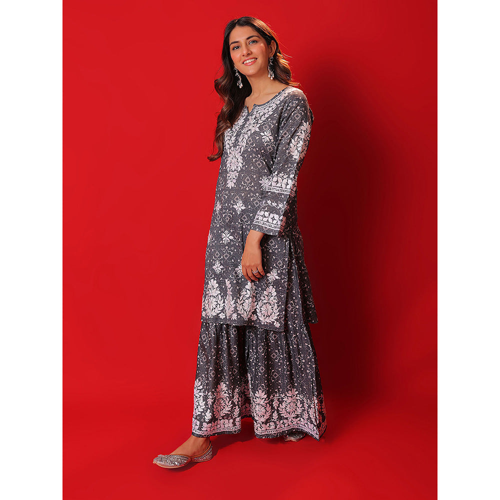 House of Chikankari Meher Mulmul Chikankari Printed Women Short Kurta with Gharara (Set of 2)
