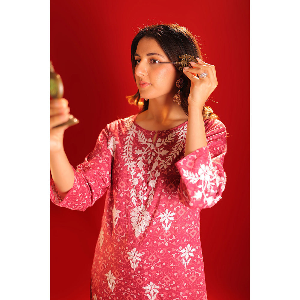 House of Chikankari Meher Mulmul Chikankari Printed Women Short Kurta Pink (Set of 2)