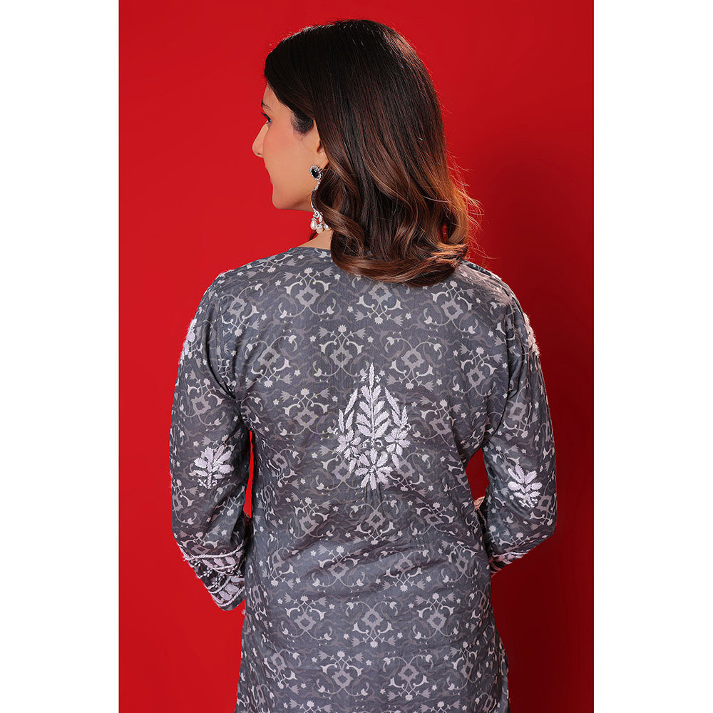 House of Chikankari Meher Mulmul Chikankari Printed Women Long Kurta Green