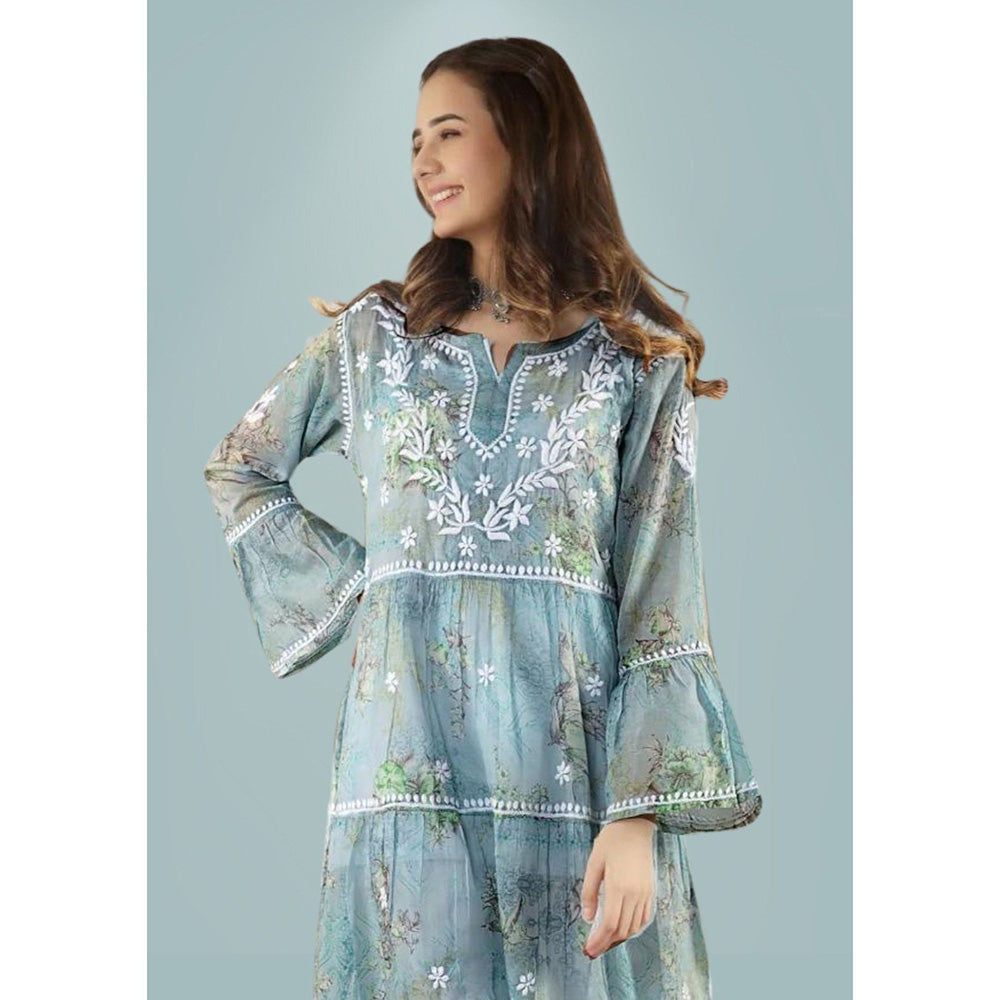House of Chikankari Eliza Chikankari Blue Mulmul Anarkali Short Kurta