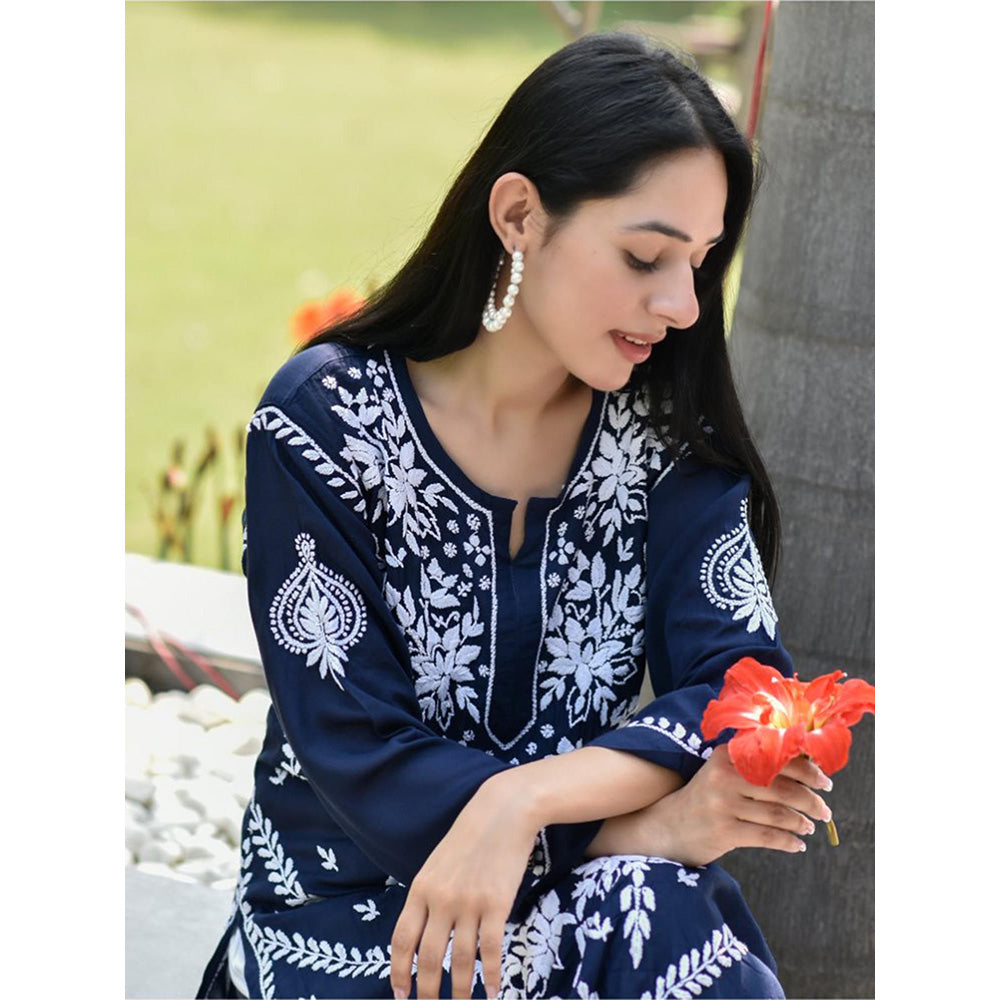 House of Chikankari Adeeba Chikankari Navy Blue Modal Straight Kurta