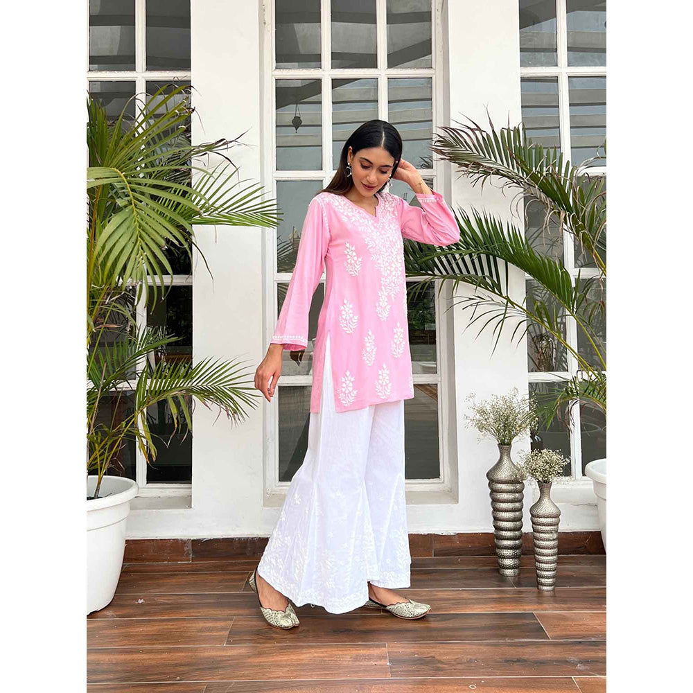 House of Chikankari Hamna Chikankari Pink Rayon Straight Short Kurta