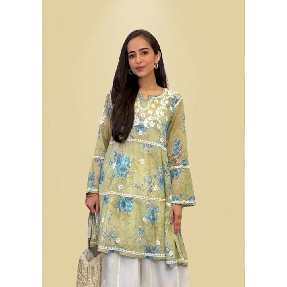 House of Chikankari Eliza Chikankari Green Mulmul Anarkali Short Kurta