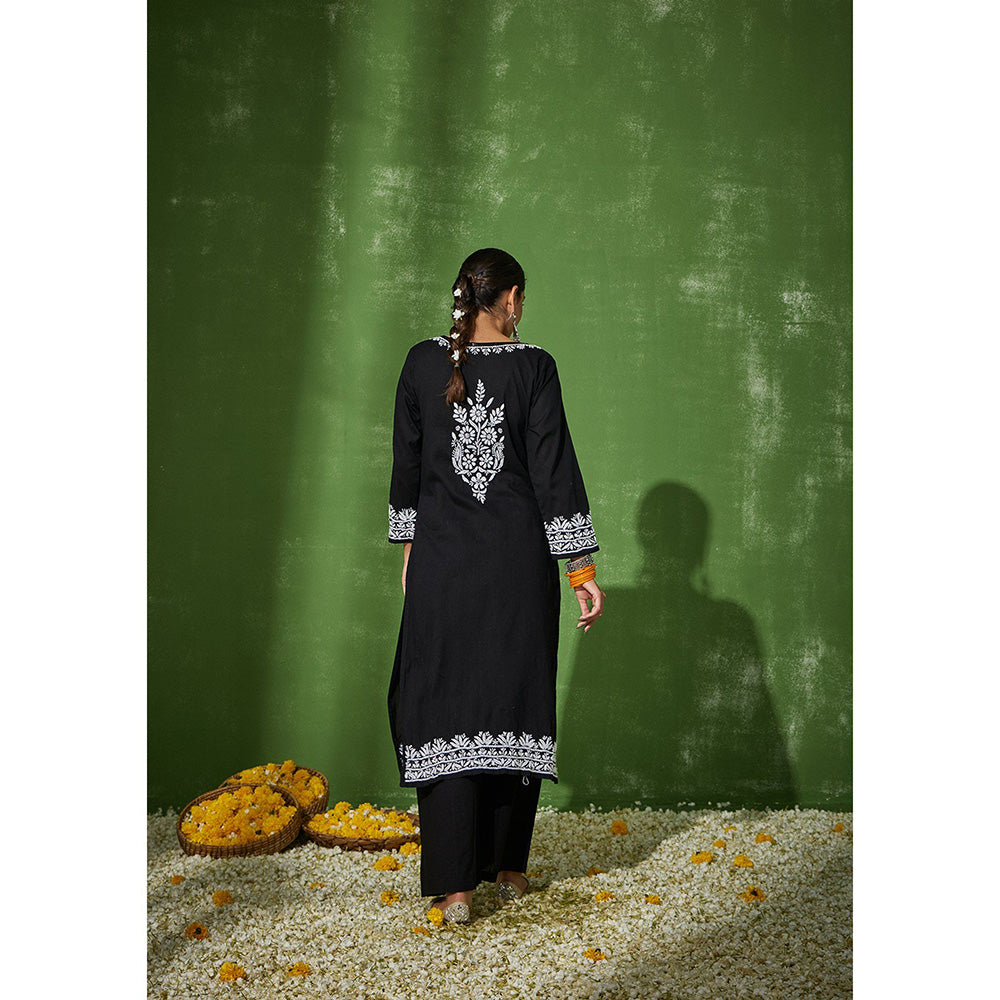 House of Chikankari Rizwana Chikankari Black Cotton Straight Kurta with Palazzo (Set of 2)