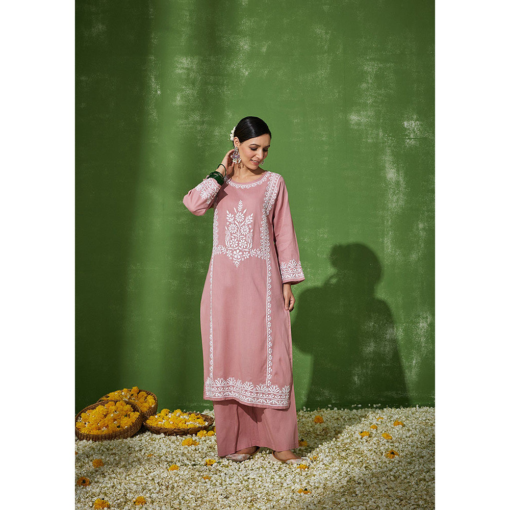 House of Chikankari Rizwana Chikankari Pink Cotton Straight Kurta with Palazzo (Set of 2)