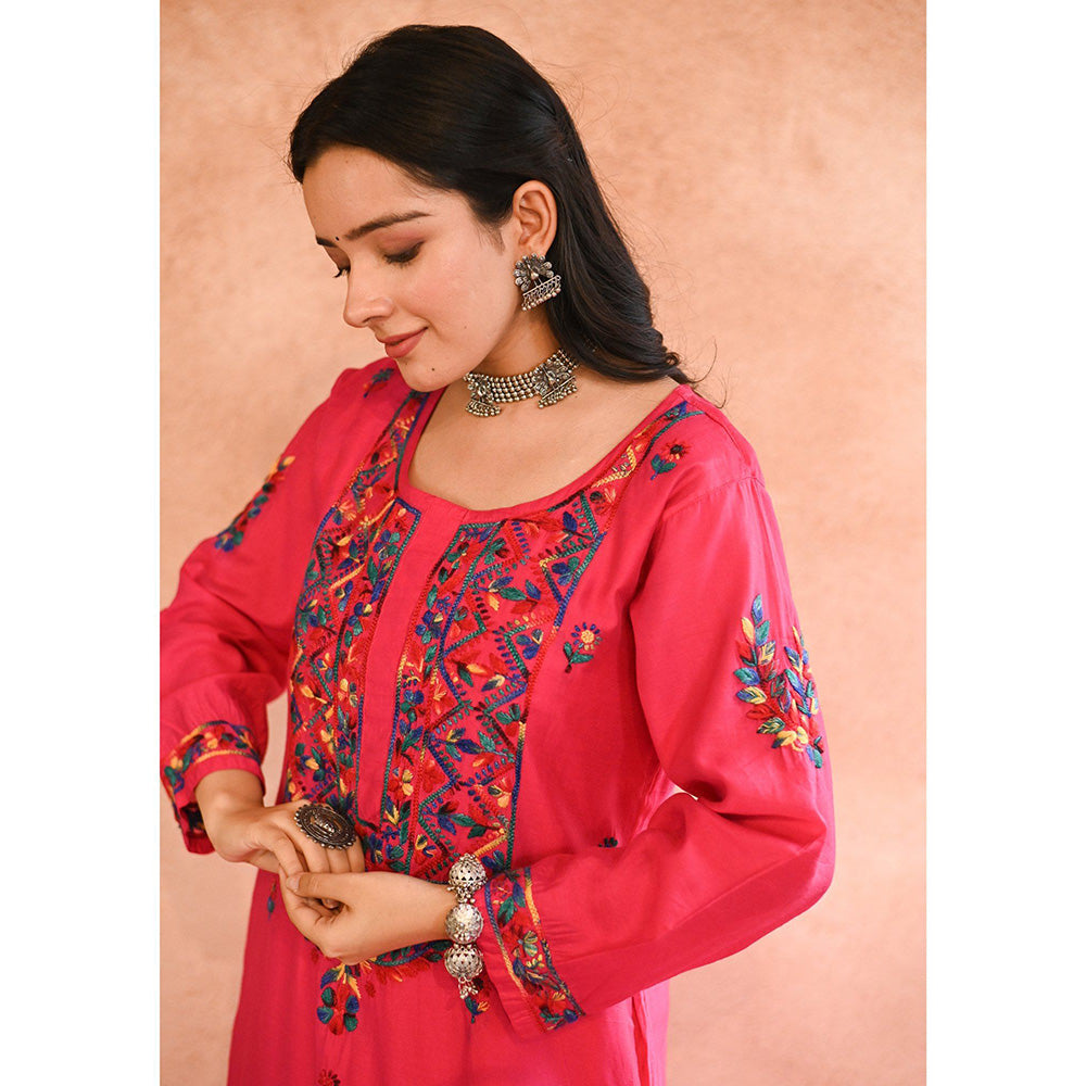House of Chikankari Aafna Chikankari Pink Chanderi Straight Kurta with Palazzo (Set of 2)