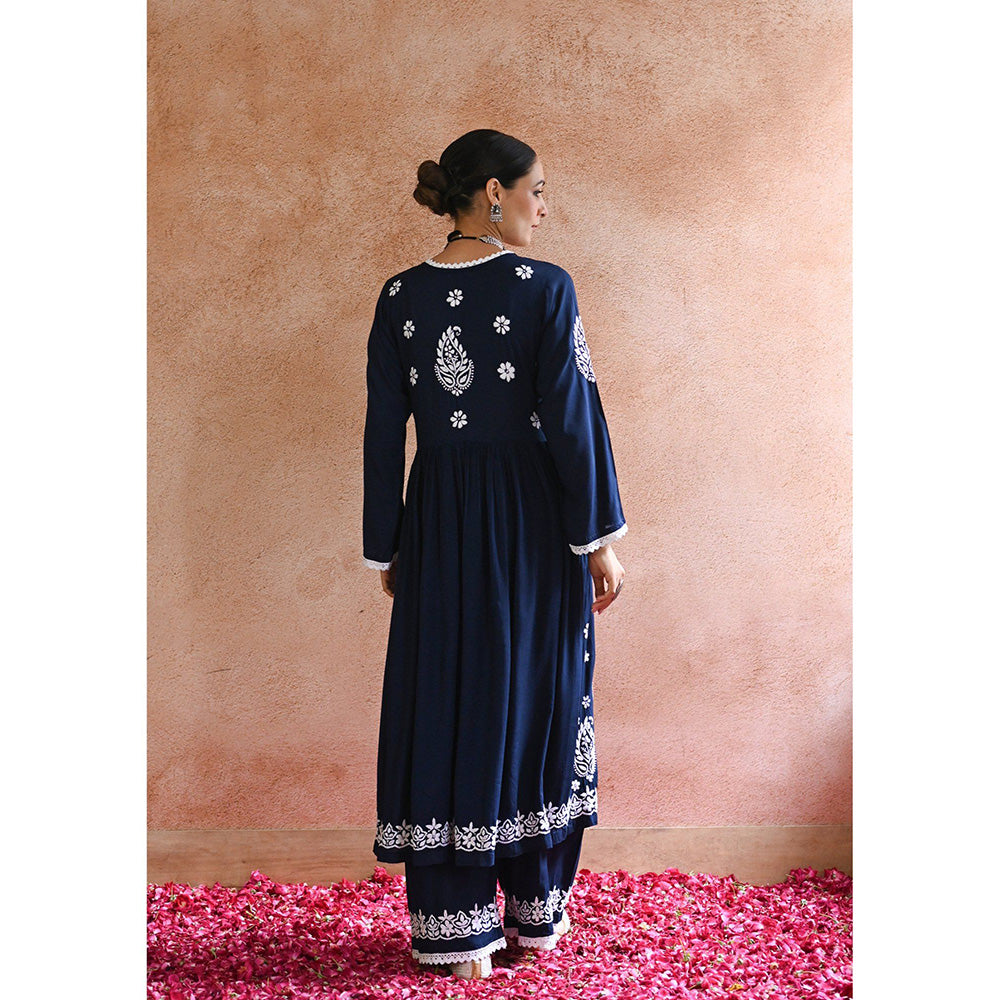 House of Chikankari Rabt Chikankari Navy Blue Modal Anarkali Kurta with Palazzo (Set of 2)
