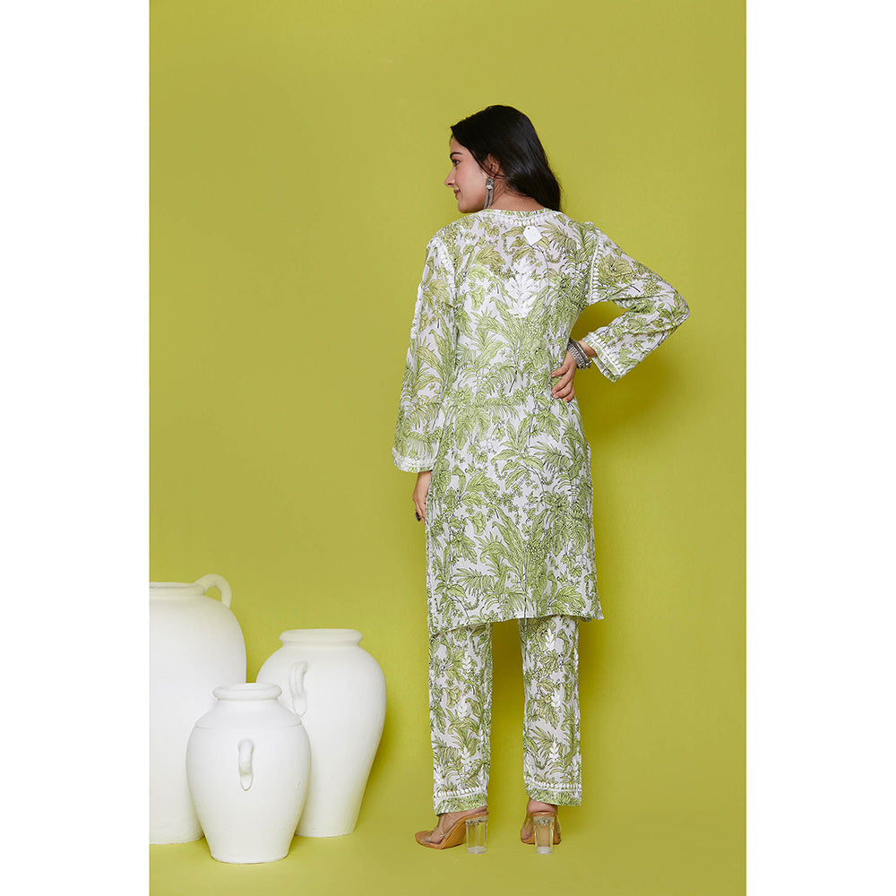 House of Chikankari Mulmul Chikankari Printed Womens Kurta with Pants-Green (Set of 2)
