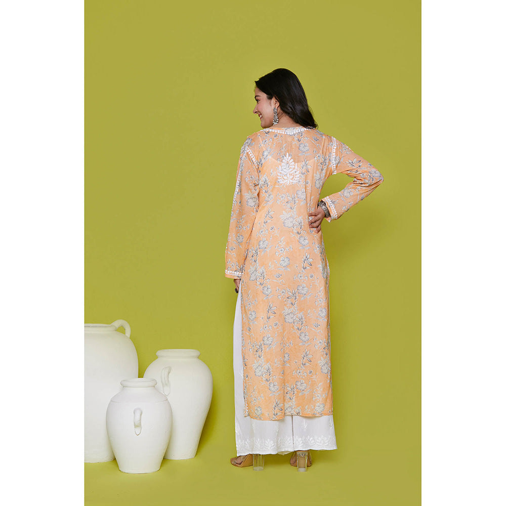 House of Chikankari Mulmul Chikankari Printed Womens Long Kurta-Orange