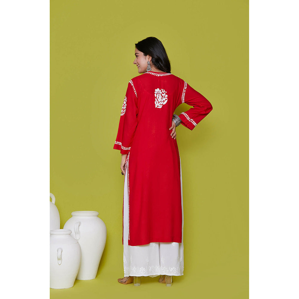 House of Chikankari Rayon Chikankari Womens Long Kurta-Red