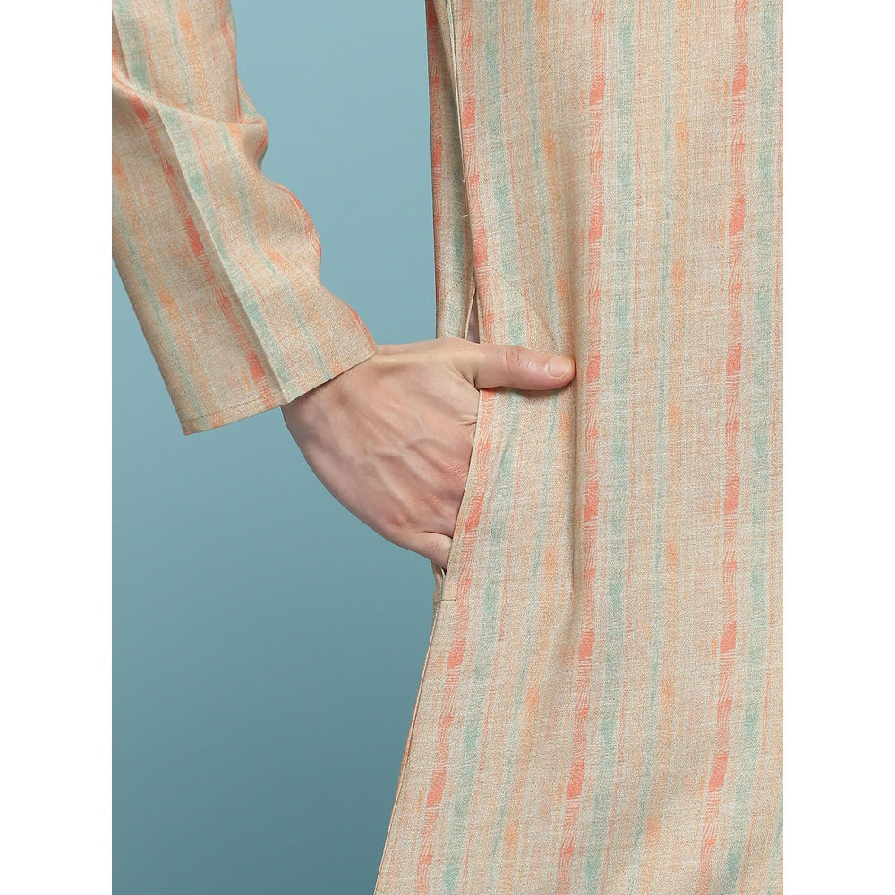 House of Chikankari Poly Cotton Printed Mens Long Kurta - Beige