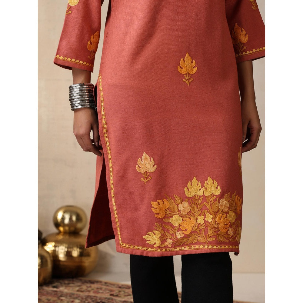 House of Chikankari Threadwork Embroidered Woollen Solid Long Kurta Coral