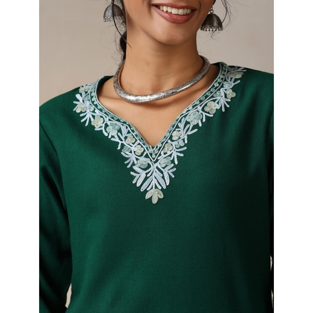 House of Chikankari Threadwork Embroidered Woollen Solid Long Kurta Green