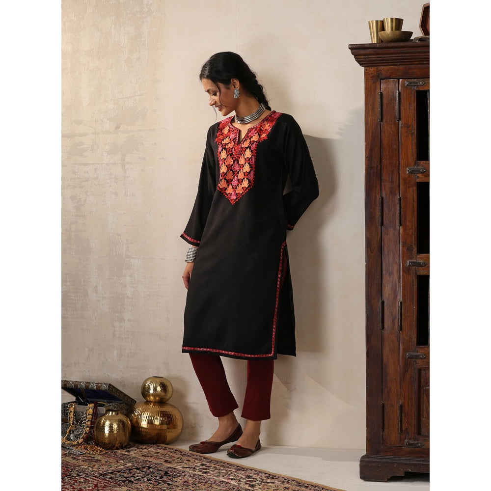 House of Chikankari Threadwork Embroidered Woollen Solid Long Kurta Black
