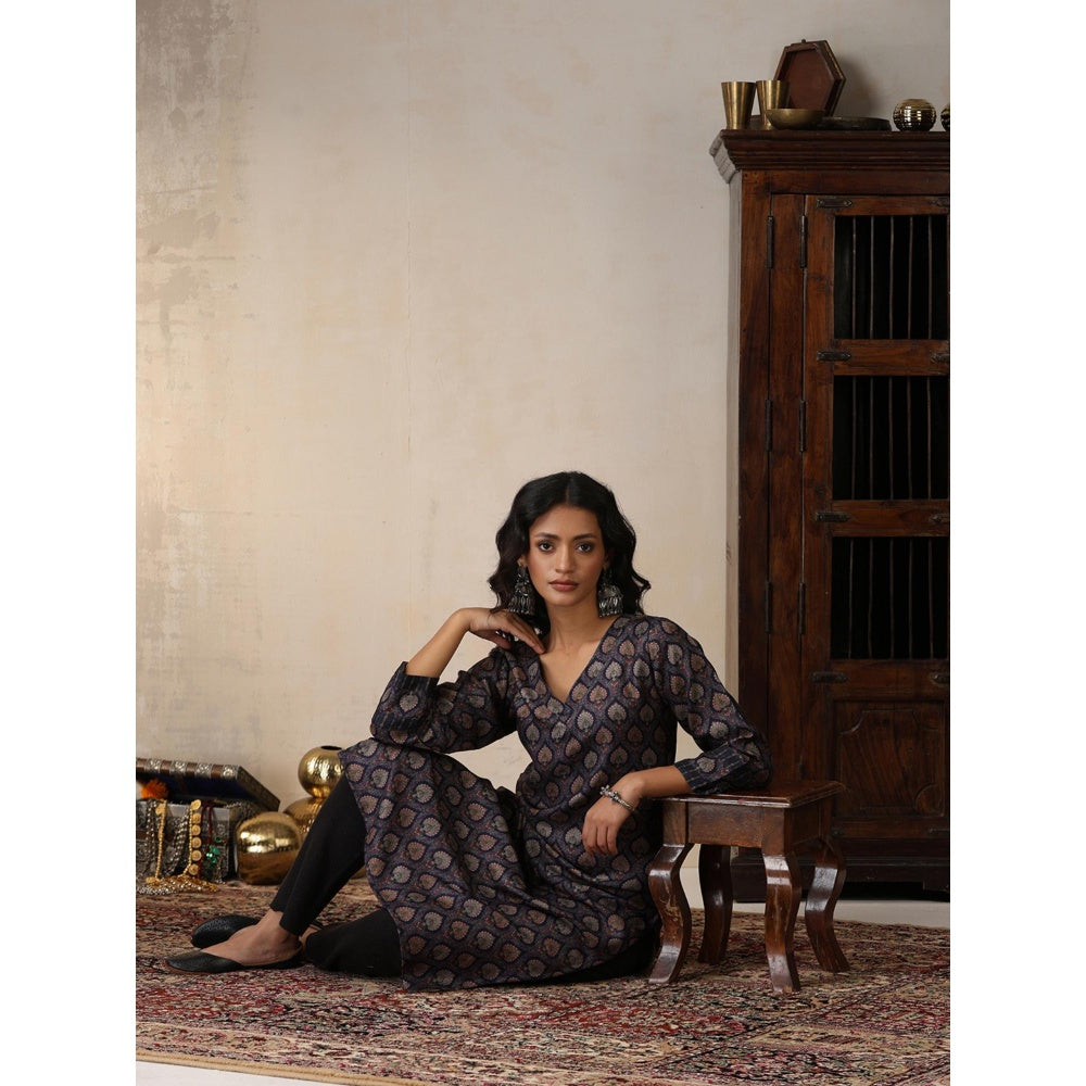 House of Chikankari Crafts Pashmina Printed Long Kurta - Navy Blue