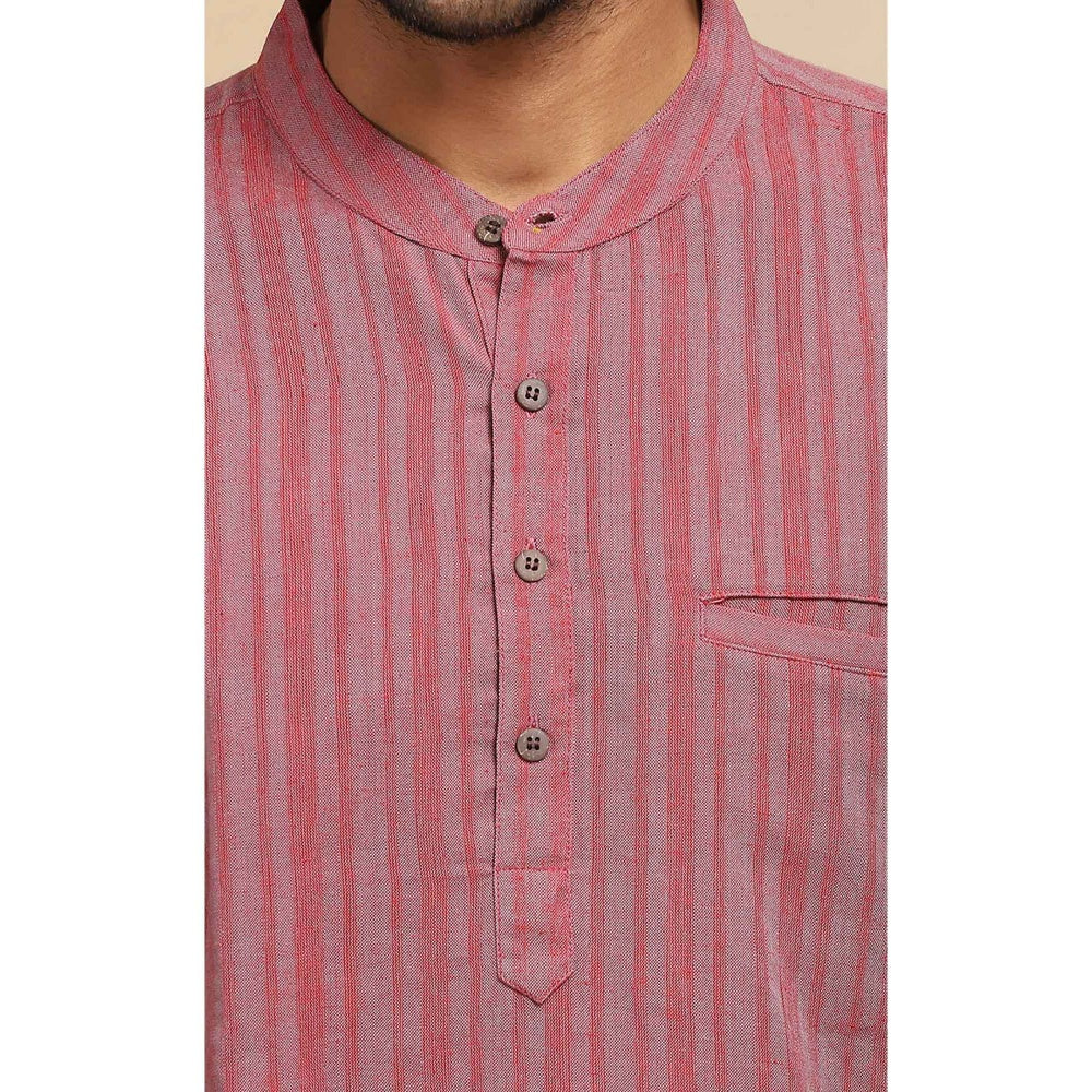 House of Chikankari Crafts Handloom Stripe Men Red Short Kurta