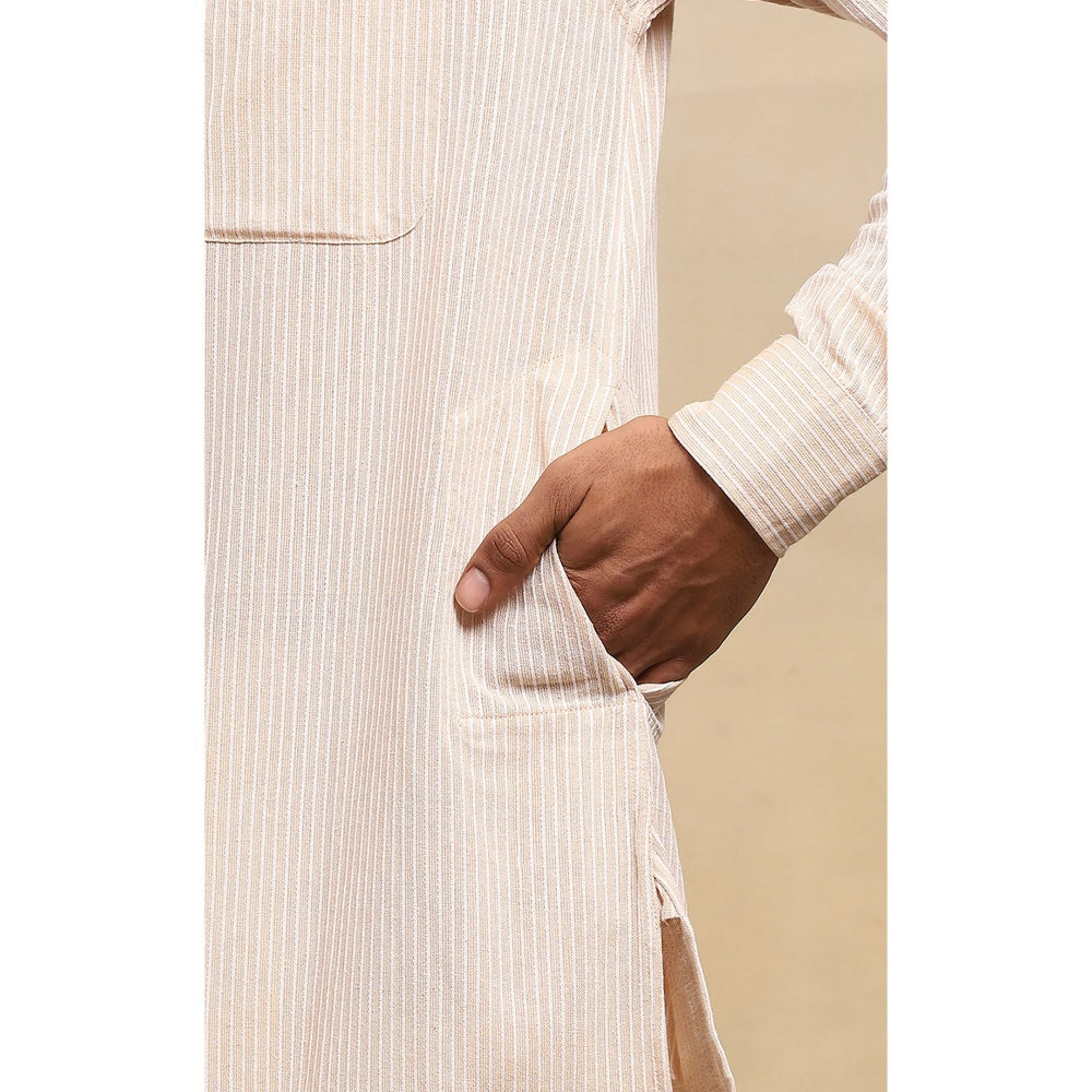 House of Chikankari Crafts Handloom Stripe Men Beige Short Kurta
