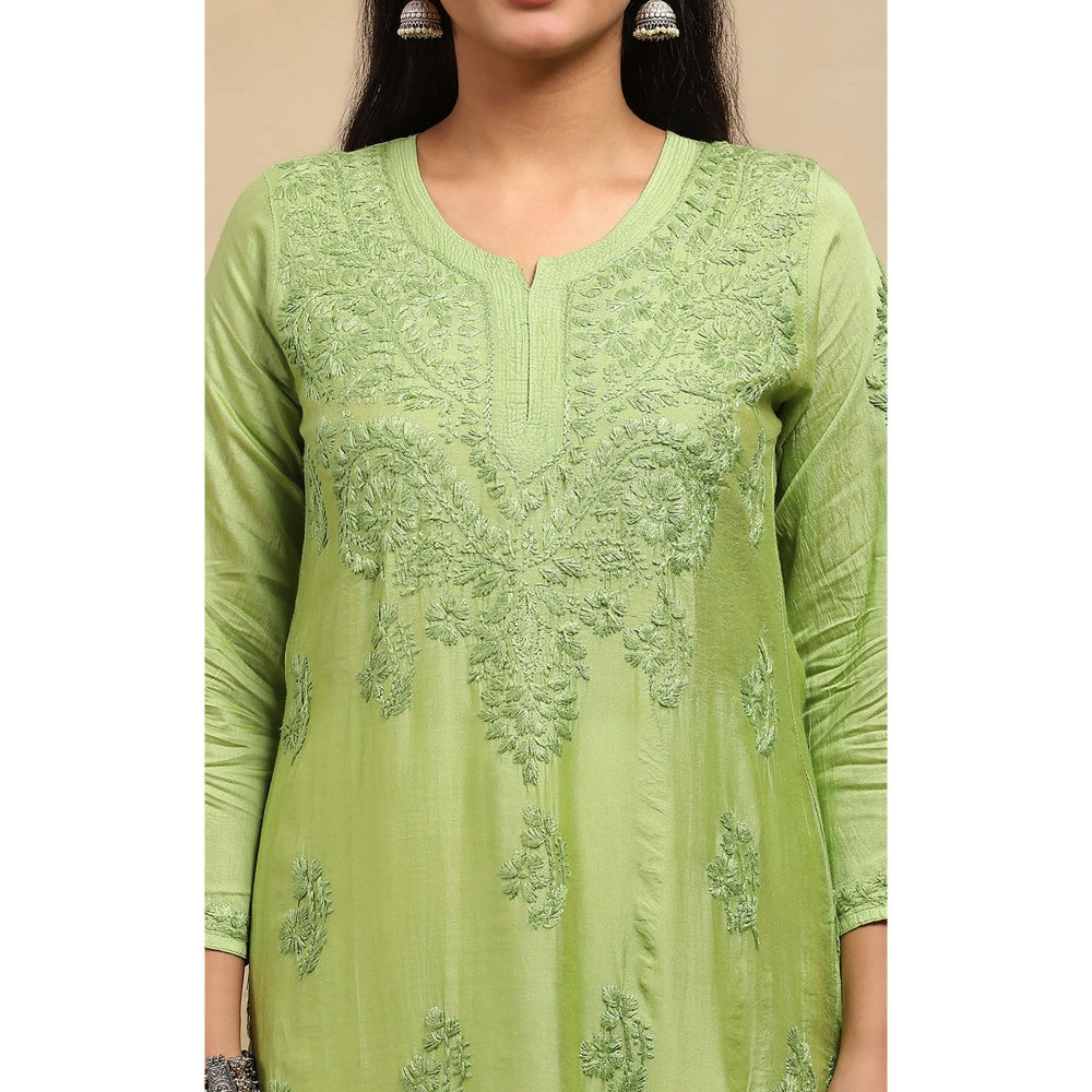 House of Chikankari Chanderi Chikankari Womens Long Kurta- Light Green