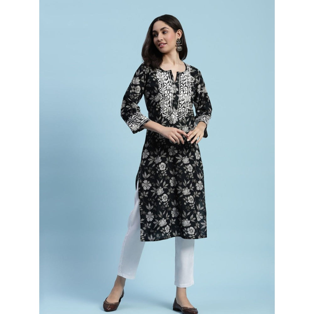 House of Chikankari Cotton Chikankari Printed Womens Long Kurta - Black