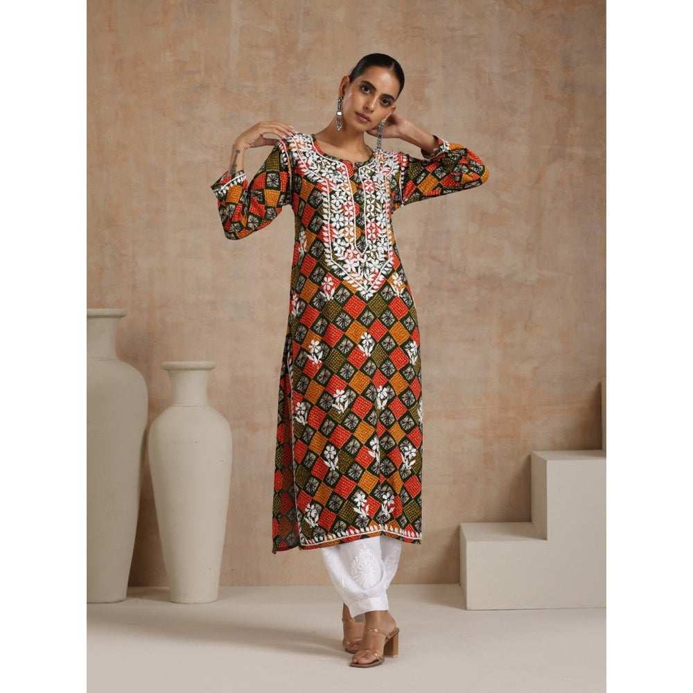 House of Chikankari Rayon Chikankari Printed Womens Long Kurta - Multi-Color