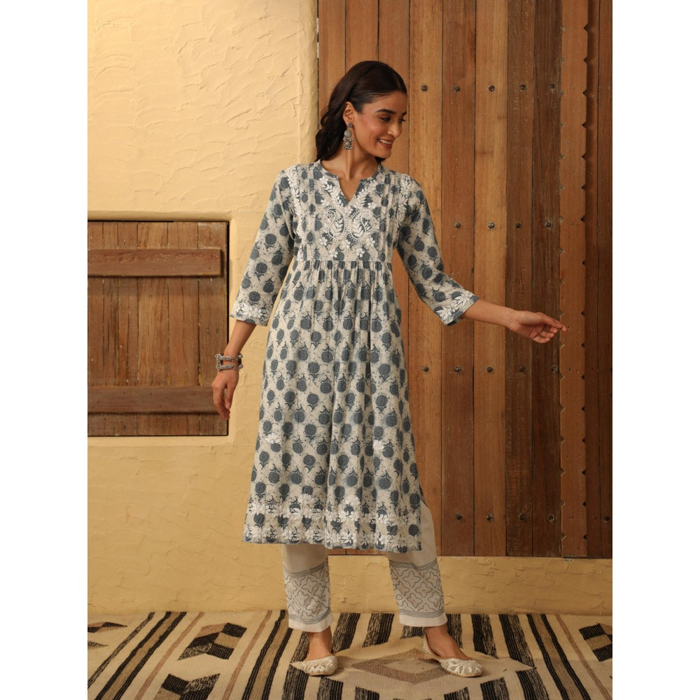 House of Chikankari Grey Cotton Printed Women's Long Kurta