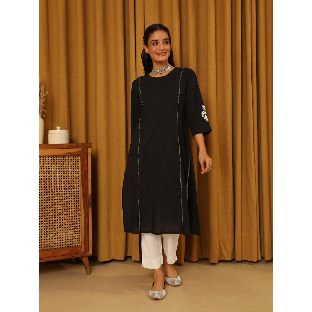 House of Chikankari Black Cotton Kantha Hand Embroidered Solid Women's Long Kurta