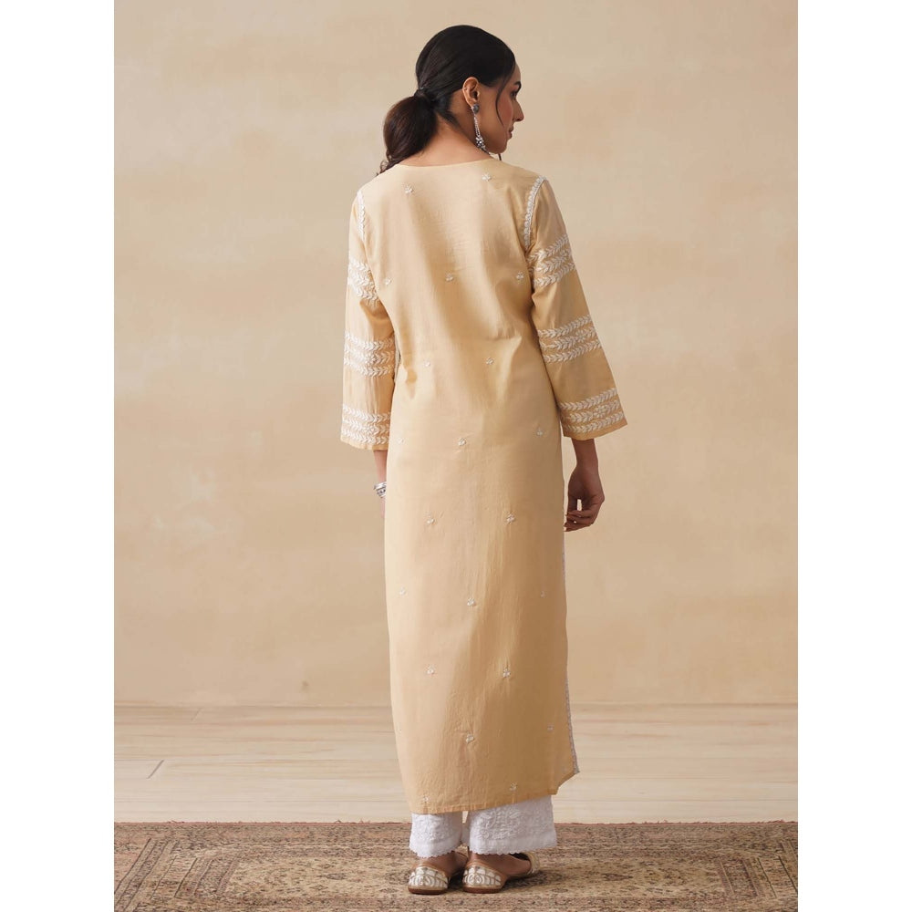 House of Chikankari Womens Woven Pure Cotton Chikankari Kurta-Beige