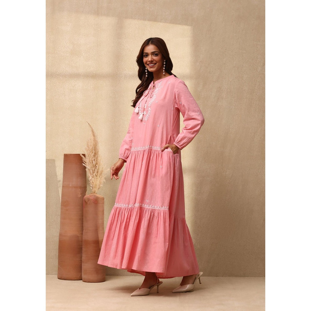 House of Chikankari Cotton Dobby Chikankari Womens Long Dress - Dust Pink